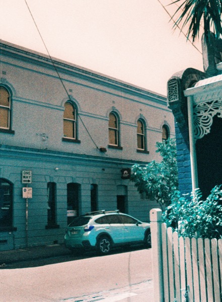 A backstreet in Melbourne, January 2026; Lomo Turquoise